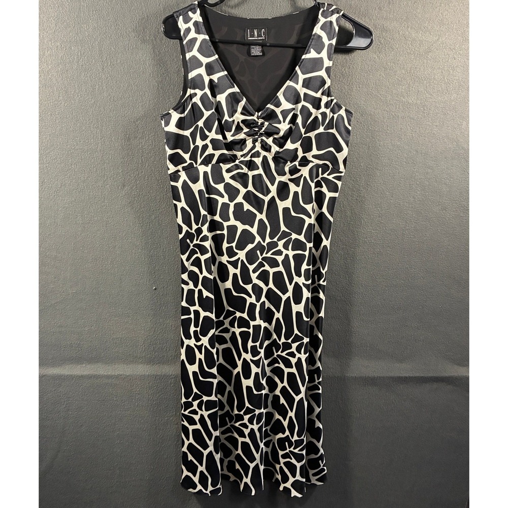 vtg y2k women babydoll midi dress 6 black giraffe animal print 90s pheobe buffay
